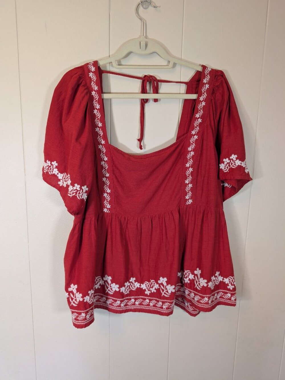 RED EMBROIDERED Peasant Blouse XXL Square Neck Boho Cottagecore Puff Sleeve